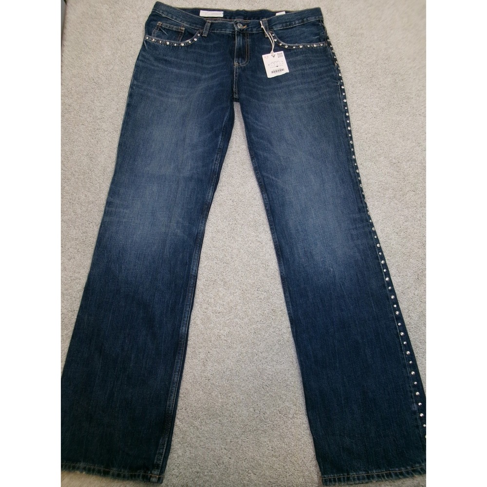 Zara Women Dark Wash Studded Rhinestone Straight Leg Denim Jeans Blue Size 8 NEW